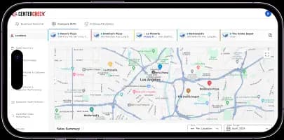 CenterCheck mobile application interface displayed on iPhone showing a map