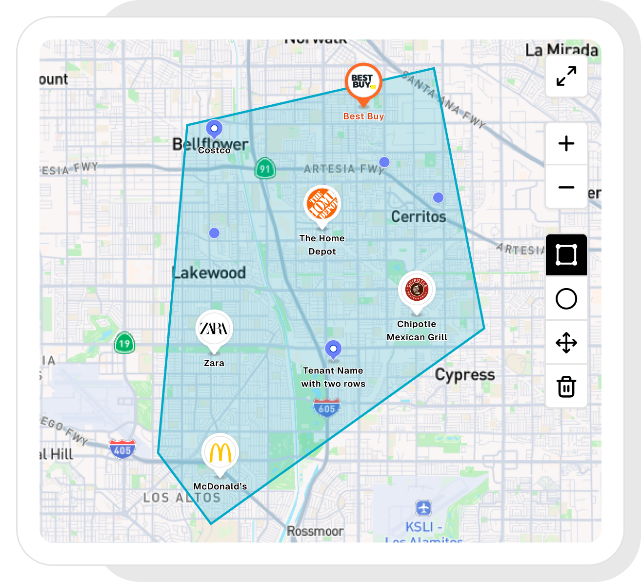 An interactive map interface showing a light blue polygon trade area drawn over a map of Southern California, including Lakewood, Cerritos, and Cypress. Logo pins for Best Buy, The Home Depot, Chipotle, Zara, and McDonald's are plotted within and around the highlighted area.