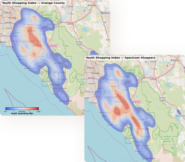 View precisely how often a customer shops at a location, for how much, what their unique demographics and personal attributes are, where else they shop, and how market share trends over time.